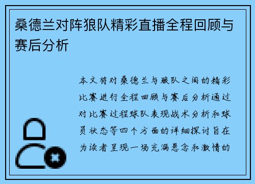 桑德兰对阵狼队精彩直播全程回顾与赛后分析